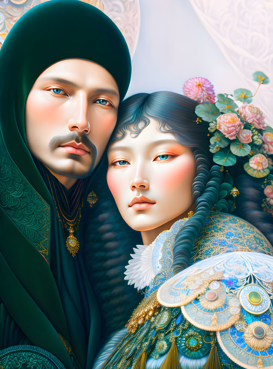Digital illustration of man and woman in ornate floral attire with serene expressions
