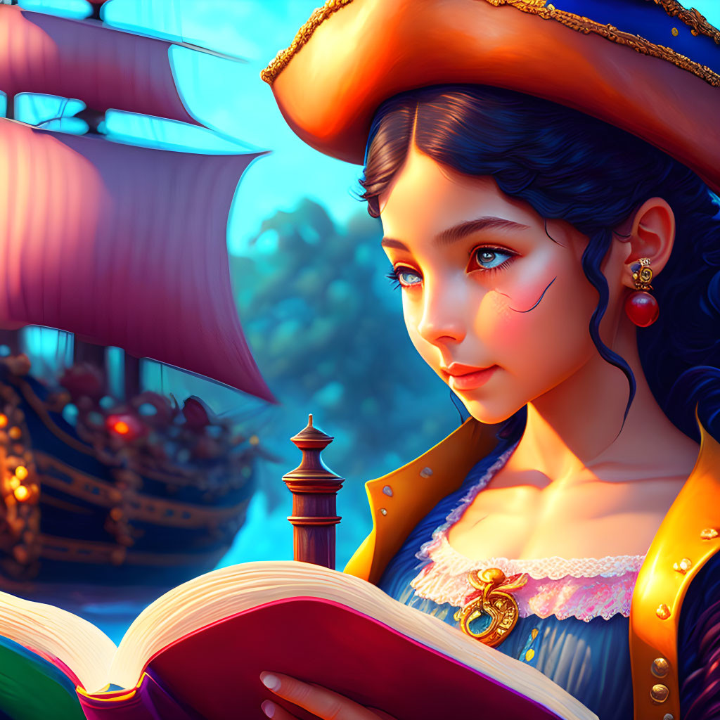 Cute pirate woman teaches reading a cute girl, oil