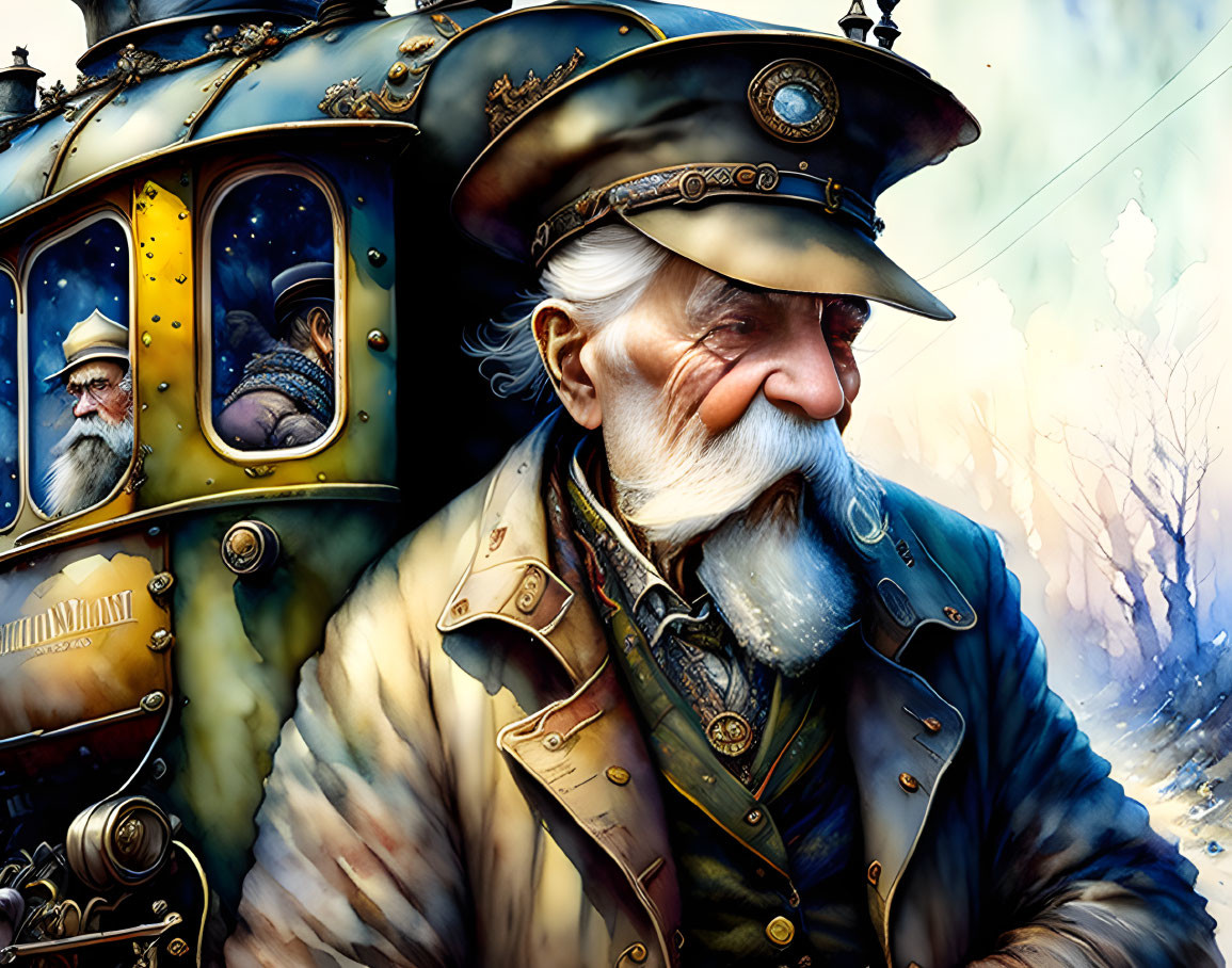 Elderly sea captain in uniform with long white beard by golden submarine.