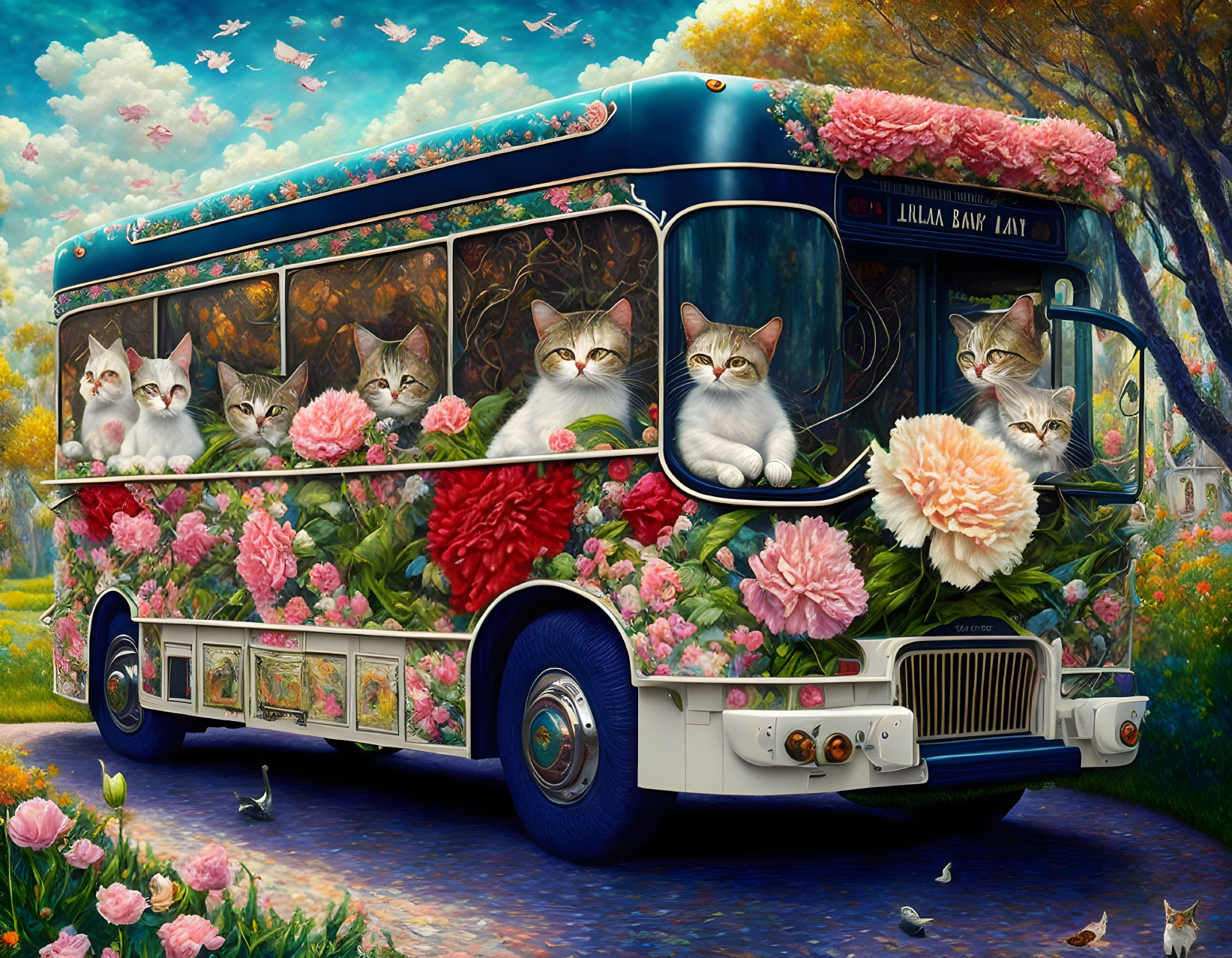 Lily Rose Carnation bus with boy cats inside. Patc
