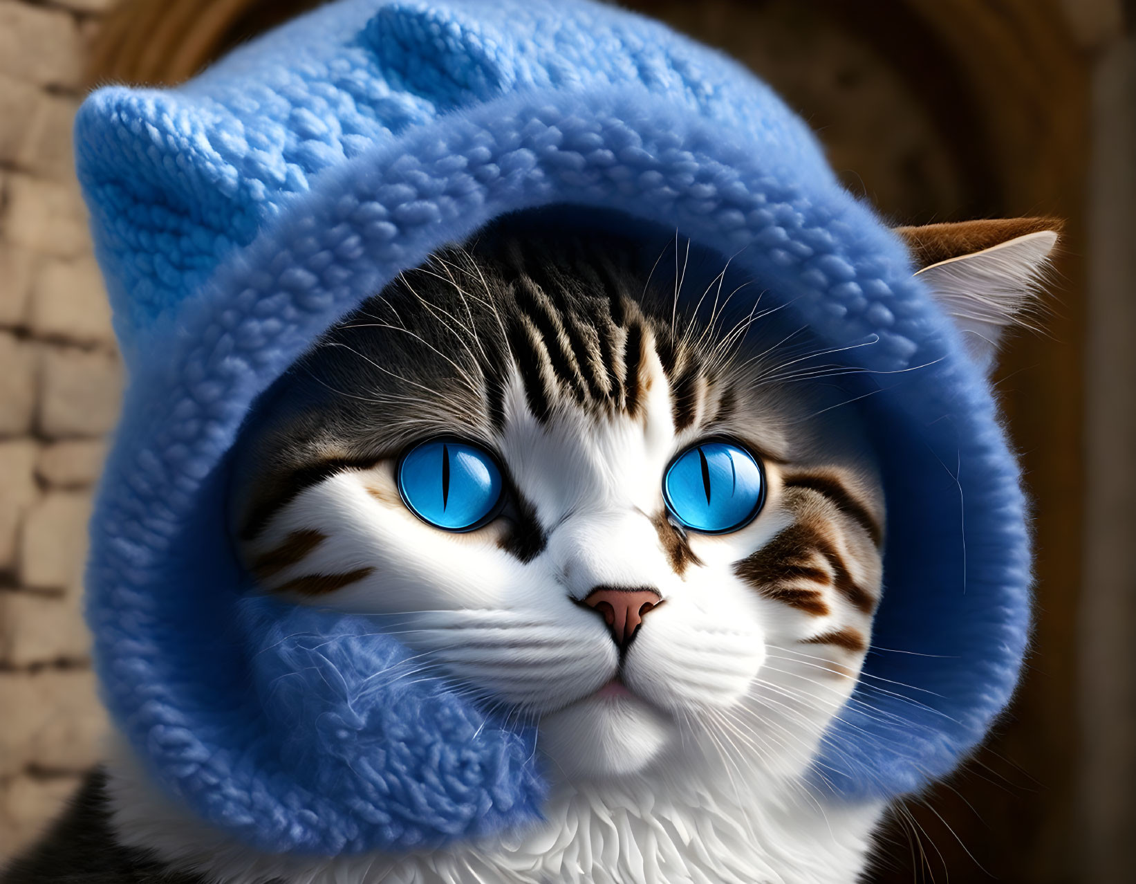a cute cat trapped in a castle, blue tones, blue w