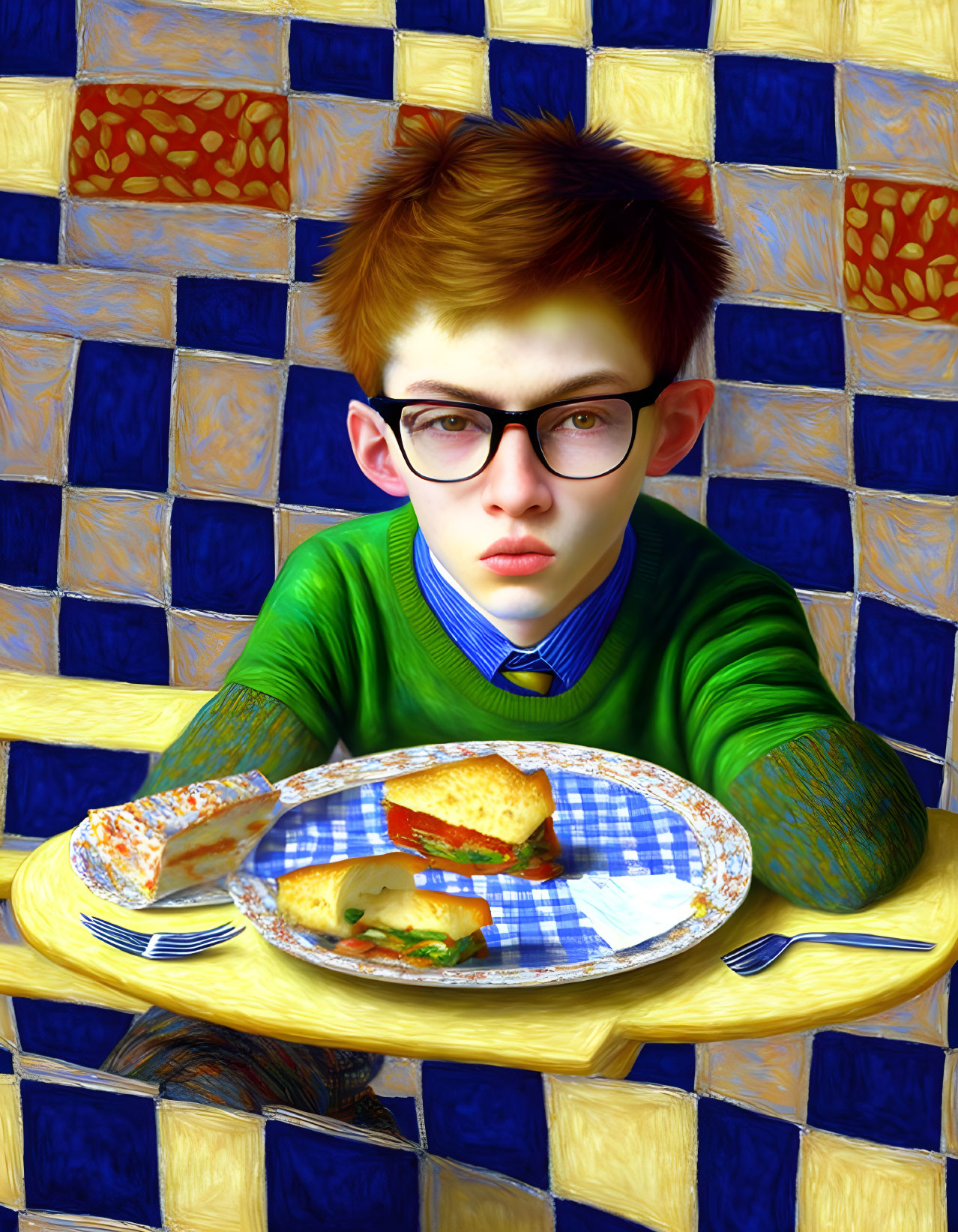 school boy with glasses eats at a table in the sch