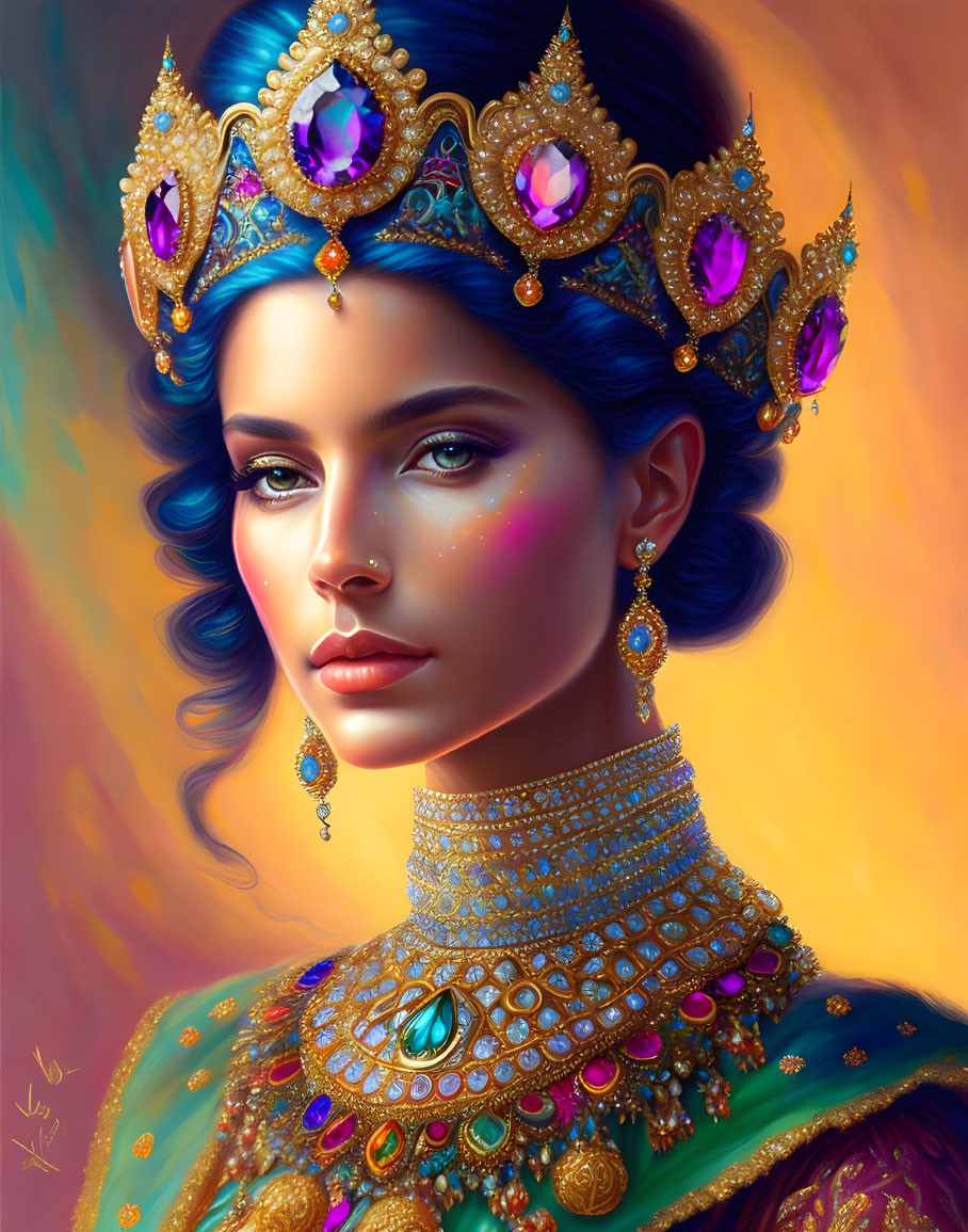Digital portrait of woman with blue hair, golden crown, purple gems, ornate gold jewelry, and