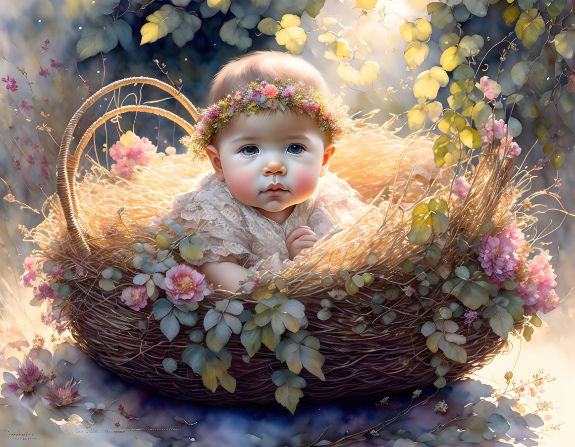 beautiful baby in a woven reed basket cradled in a
