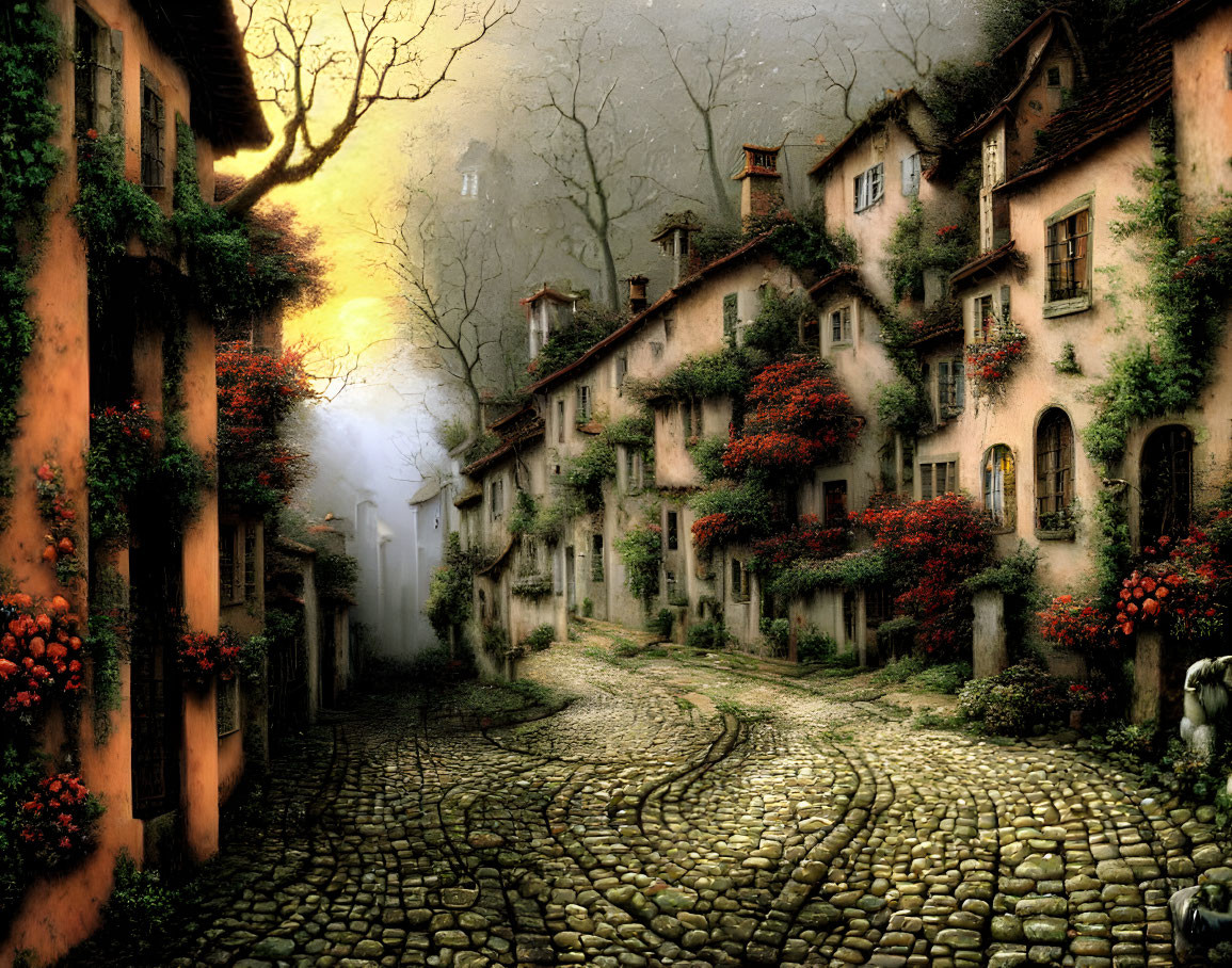 Cobblestone street in old village with red flowers at sunrise