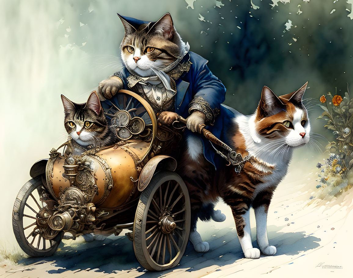 Anthropomorphic cats in vintage attire with steampunk car on floral background