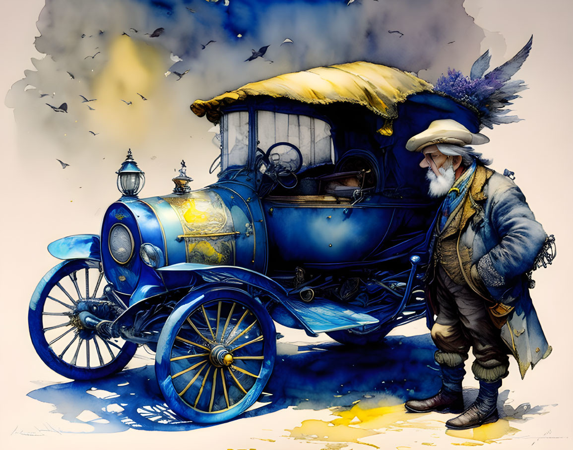 Detailed illustration of old man in cowboy hat by vintage blue car with whimsical birds