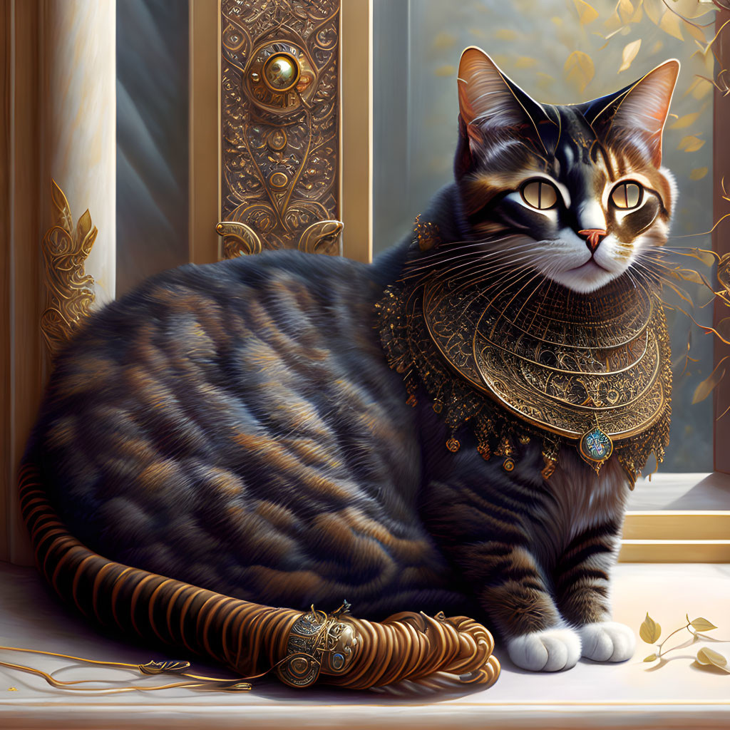 Regal Cat with Gold Jewelry Sunbathing by Window