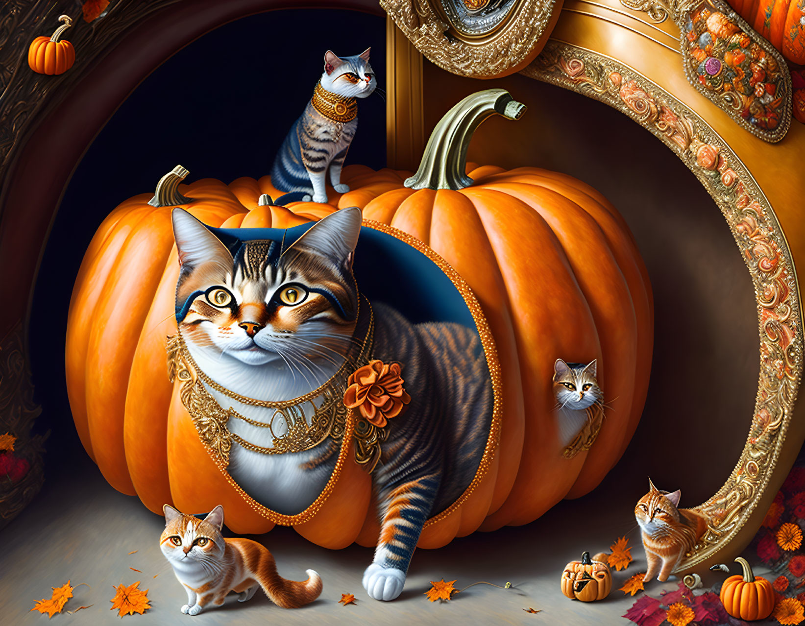 Puss in Boots and Cinderella driving a pumpkin