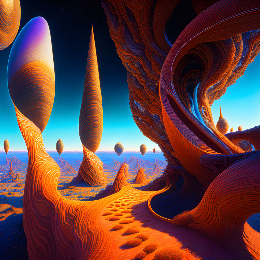 Surreal landscape with orange patterns and smooth spires against a blue sky