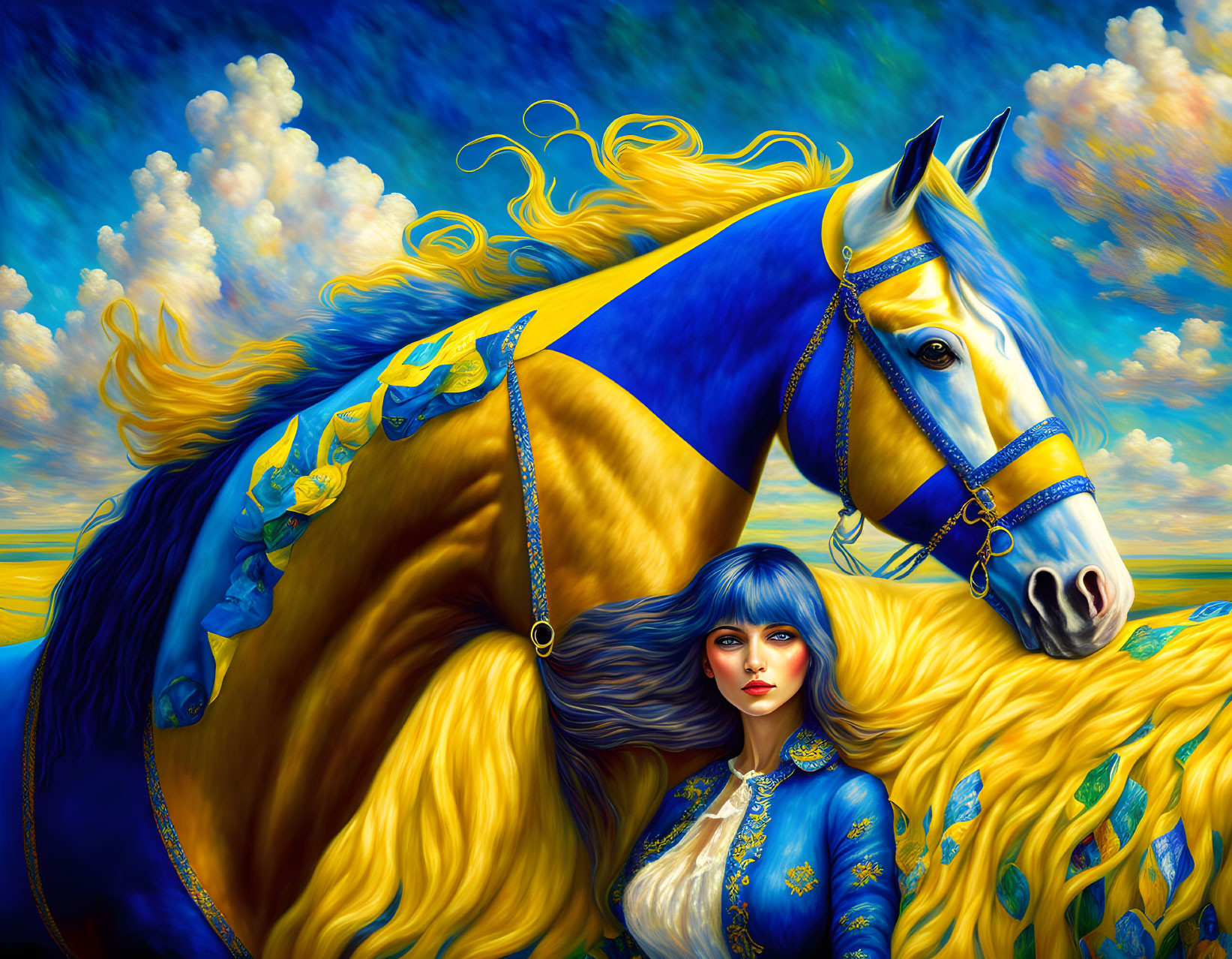 A one girl driving a blue yellow horse with Ukrain