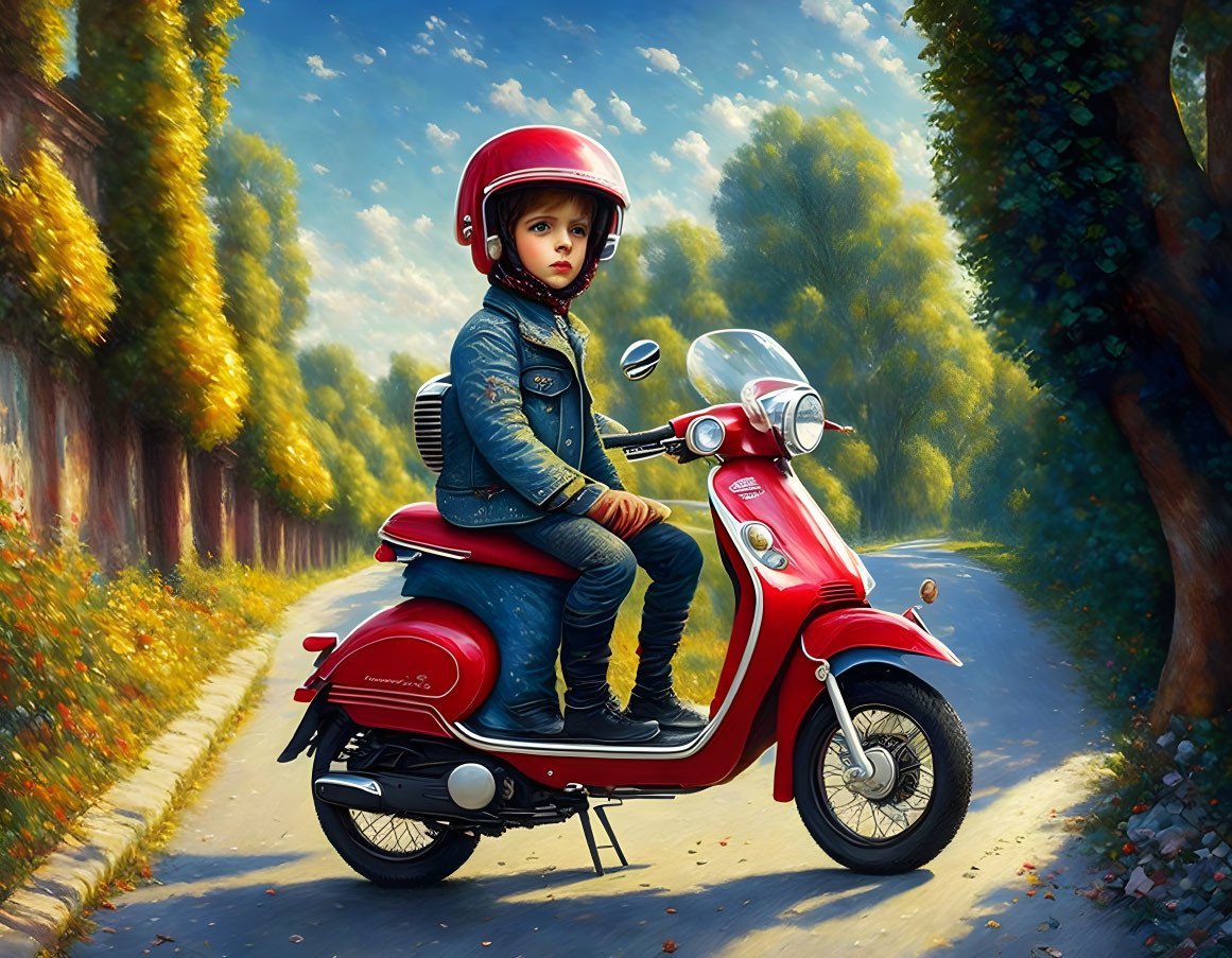 An one boy rides a red moped on the broken road al