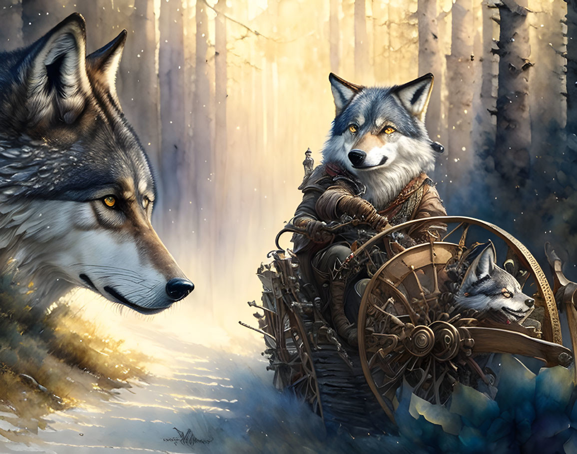 Fantasy illustration of two anthropomorphic wolves in forest setting