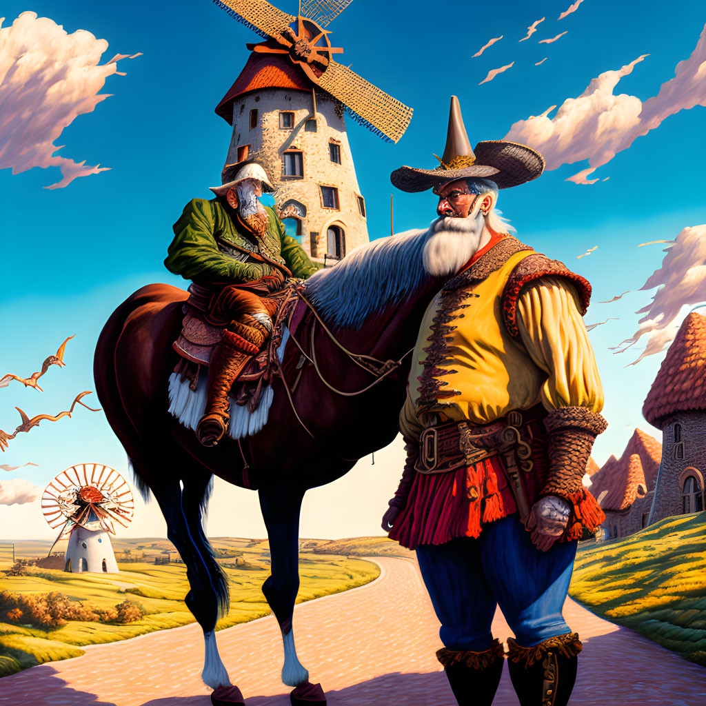 Don Quixote and Sanchez against the backdrop of a 