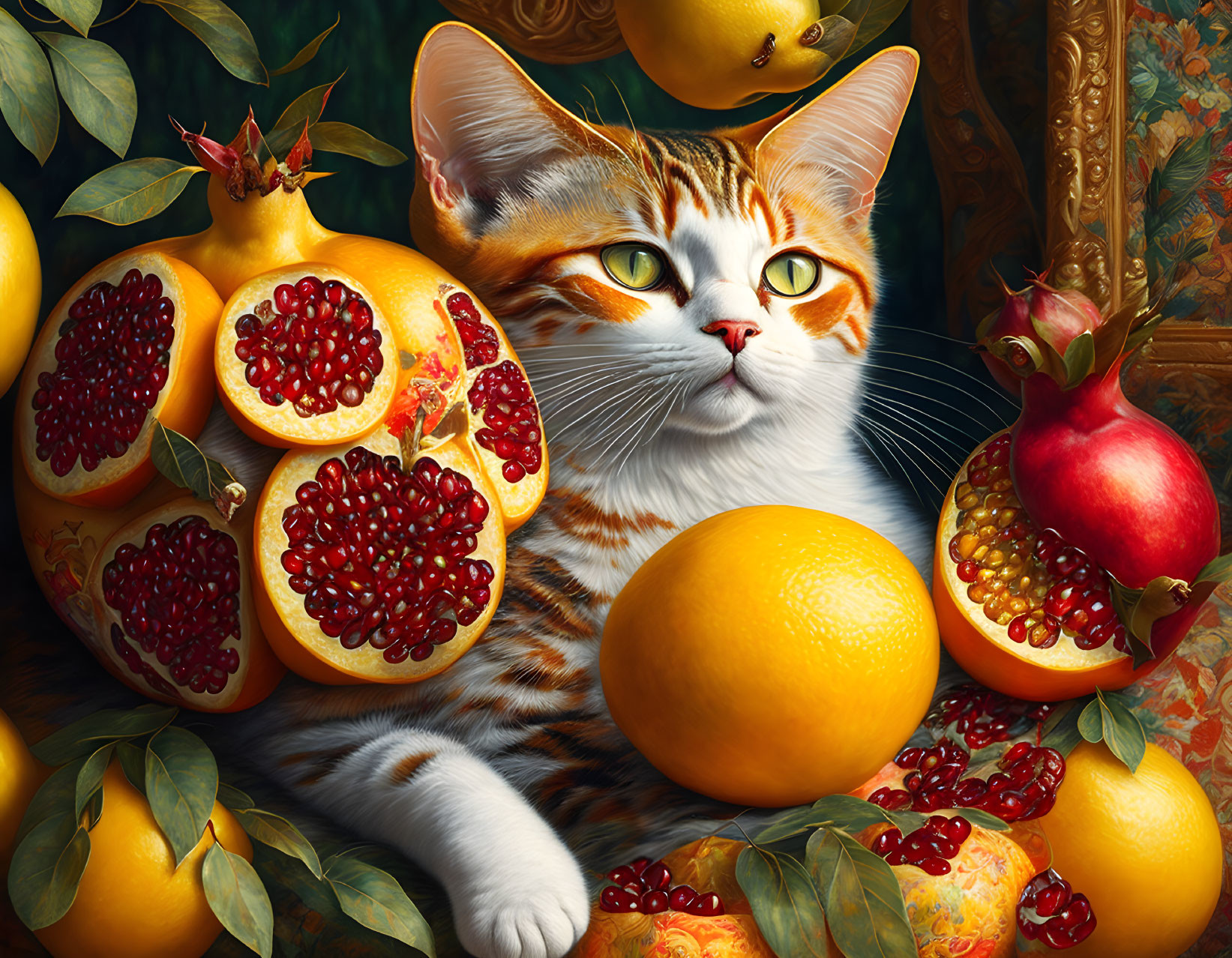 Cat driving a pomegranate, lemon, orange. Patchwor