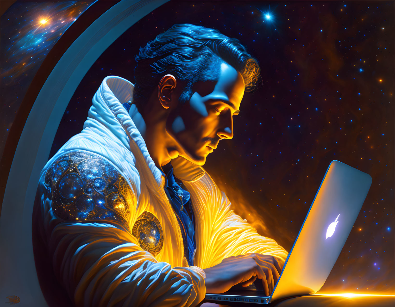 A man in space on his laptop, he has the imprint o