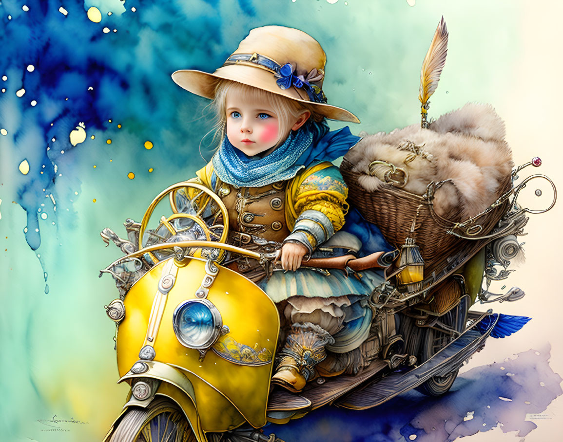 Illustration of a young child in yellow outfit driving a whimsical motorcycle with plush bear in sidecar