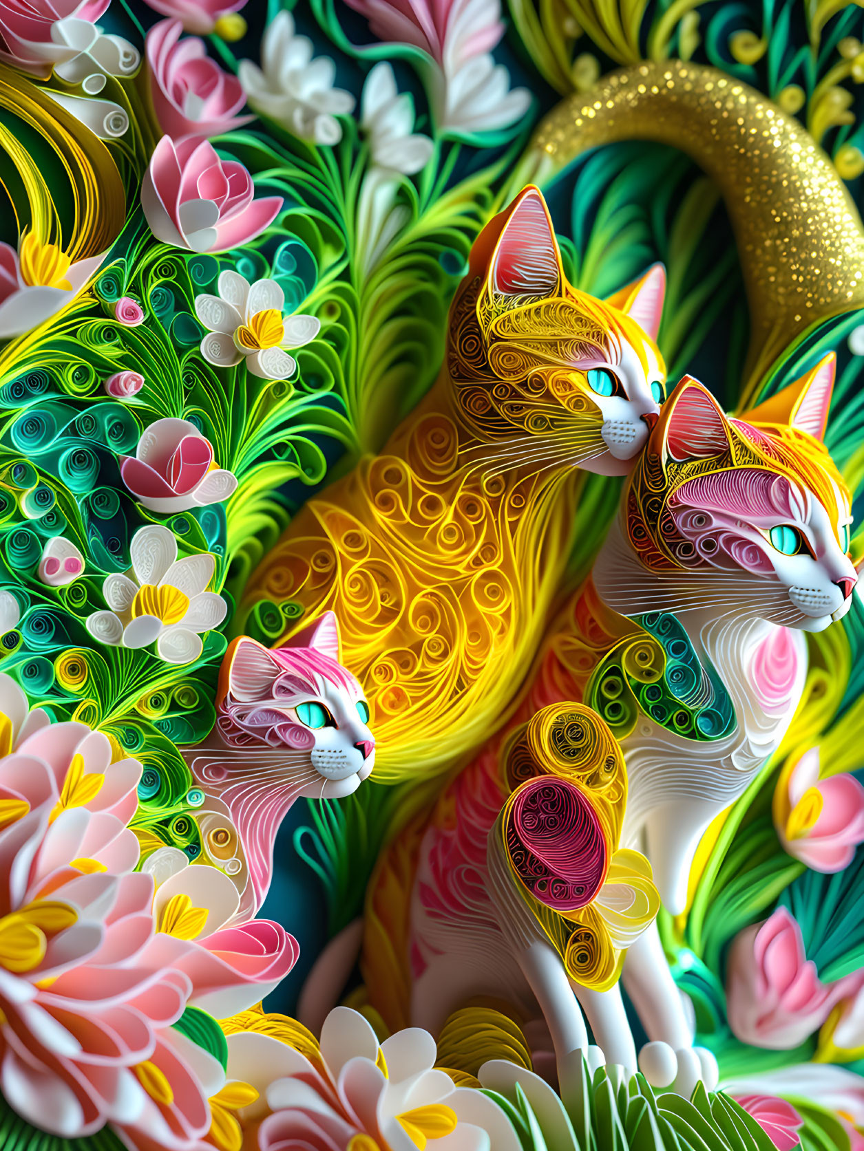 Paper Cut, quilling, photorealistic, pink cats, ye
