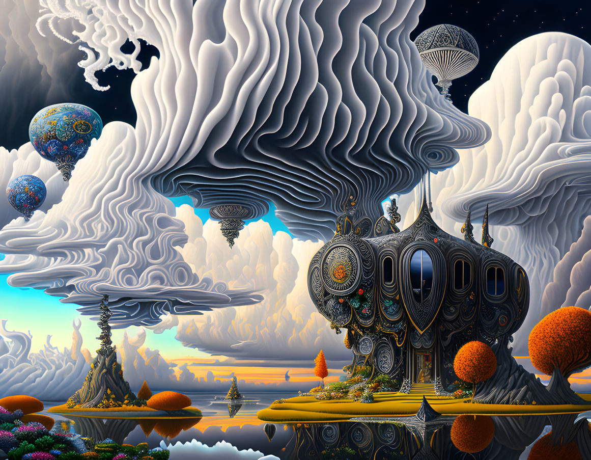 Intricate surreal landscape with floating islands and vibrant orange flora