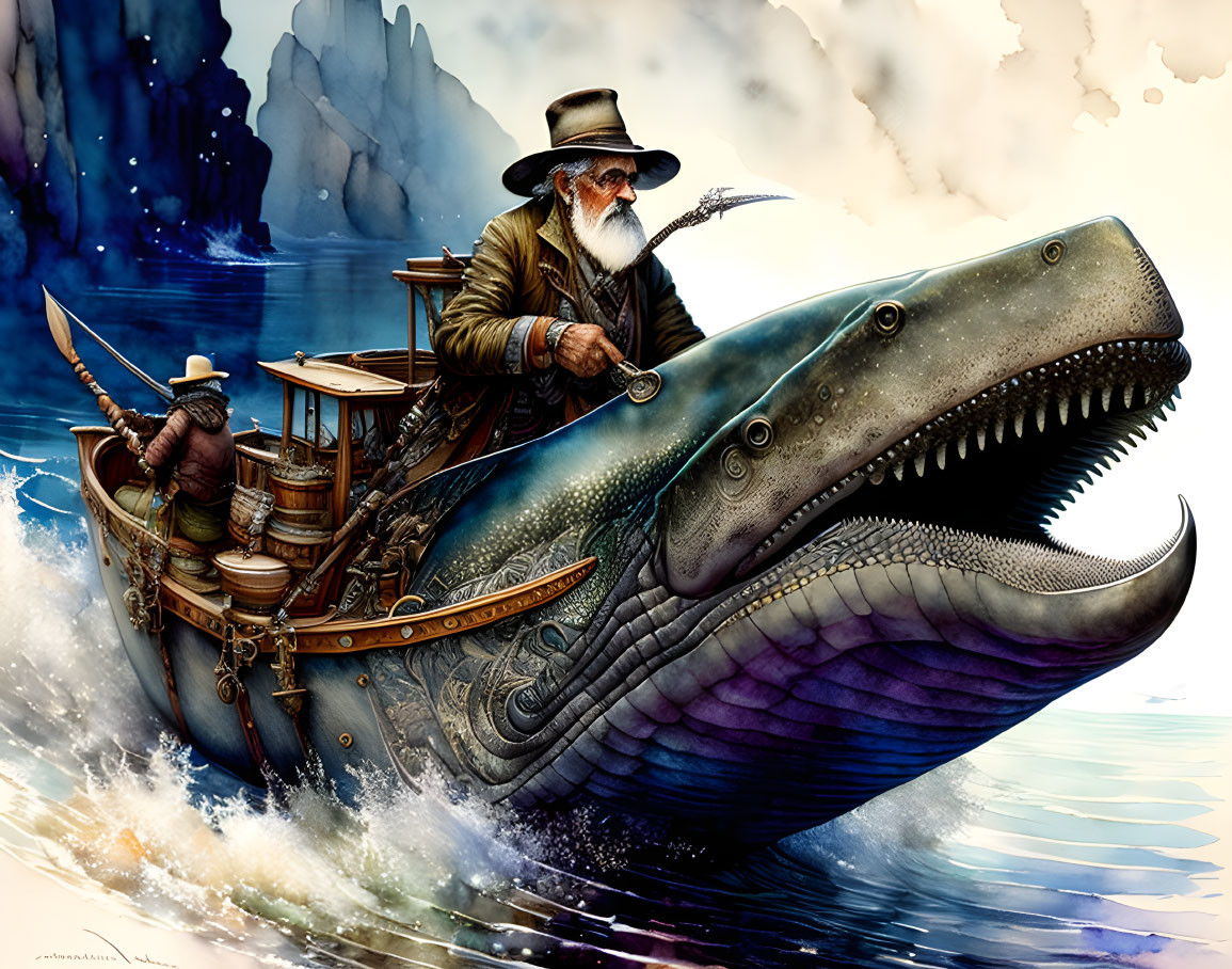 Illustration of old sailor on boat merged with giant fish, holding harpoon.