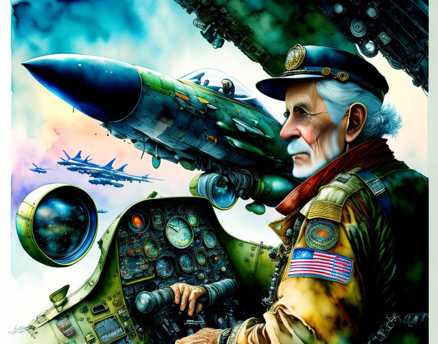 Detailed Illustration: Elderly Pilot in Cockpit with Fighter Jet & Machinery