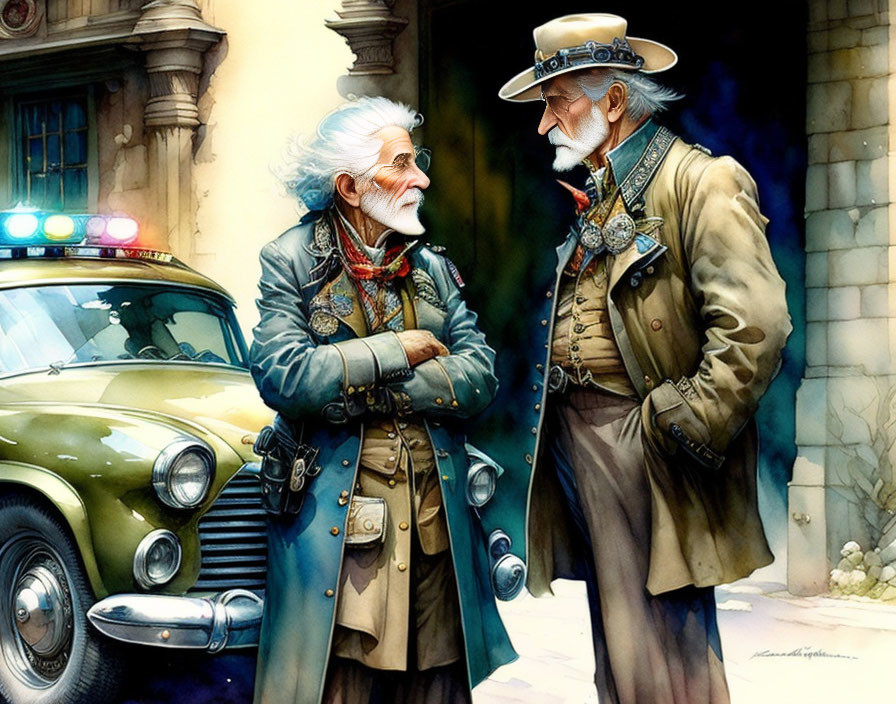 Old man and police woman near the police car, by J