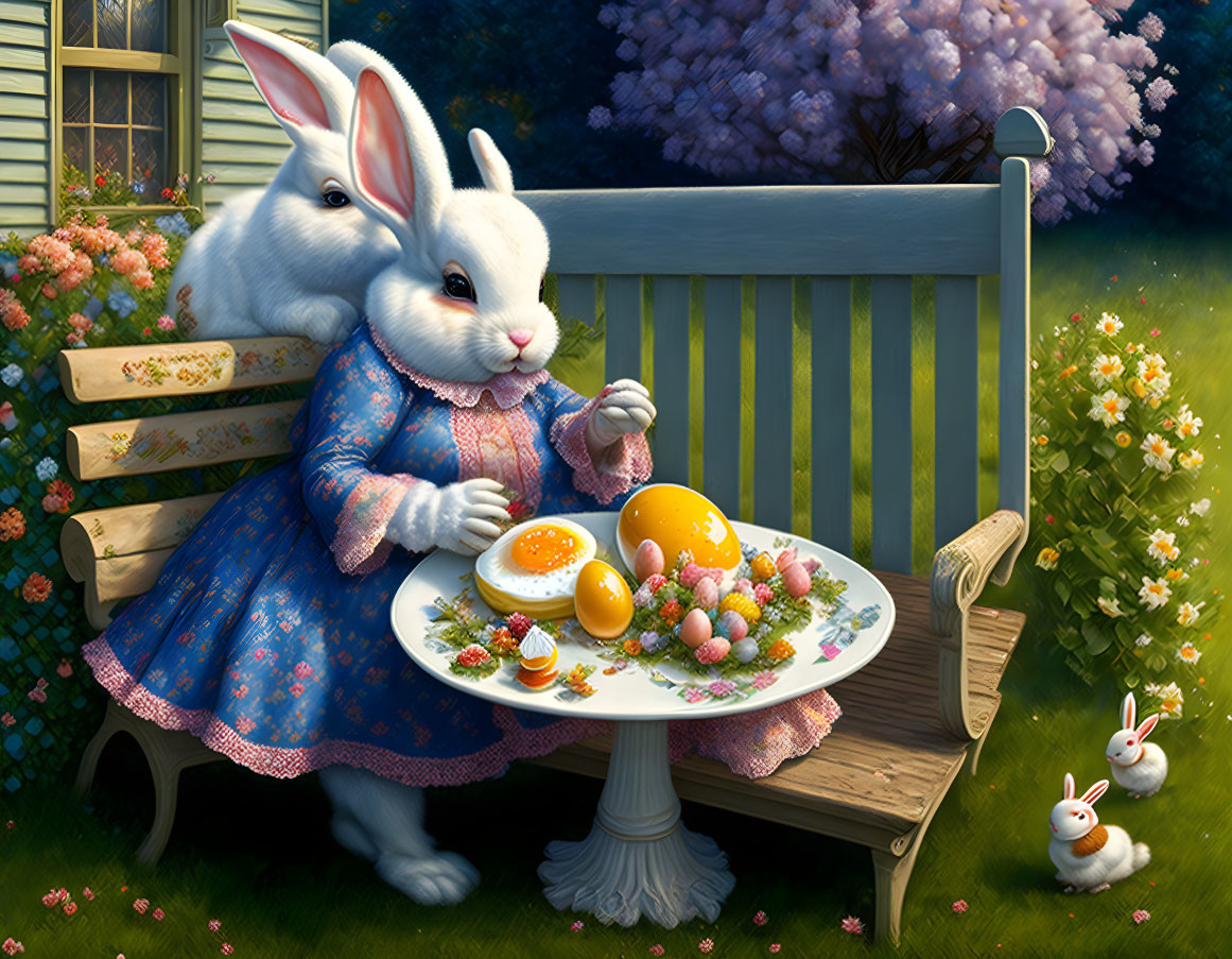 Grandmother feeds the Easter Bunny with a fried eg