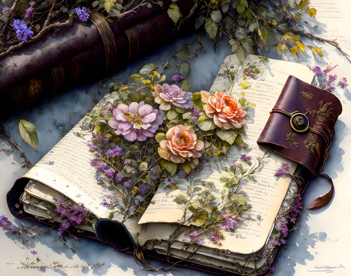 Floral illustrations and real flowers on open book with old leather-bound journal and ivy leaves for vintage