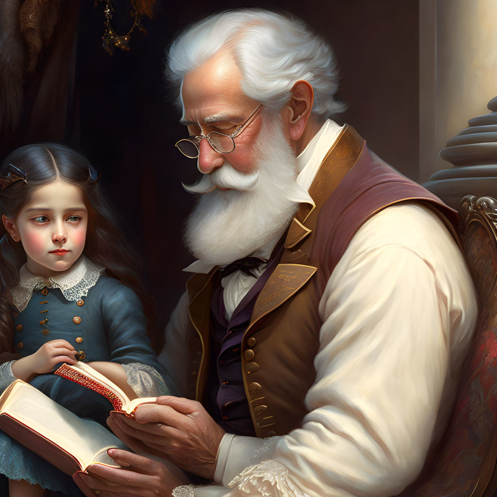 Elderly man reading book to young girl in vintage attire
