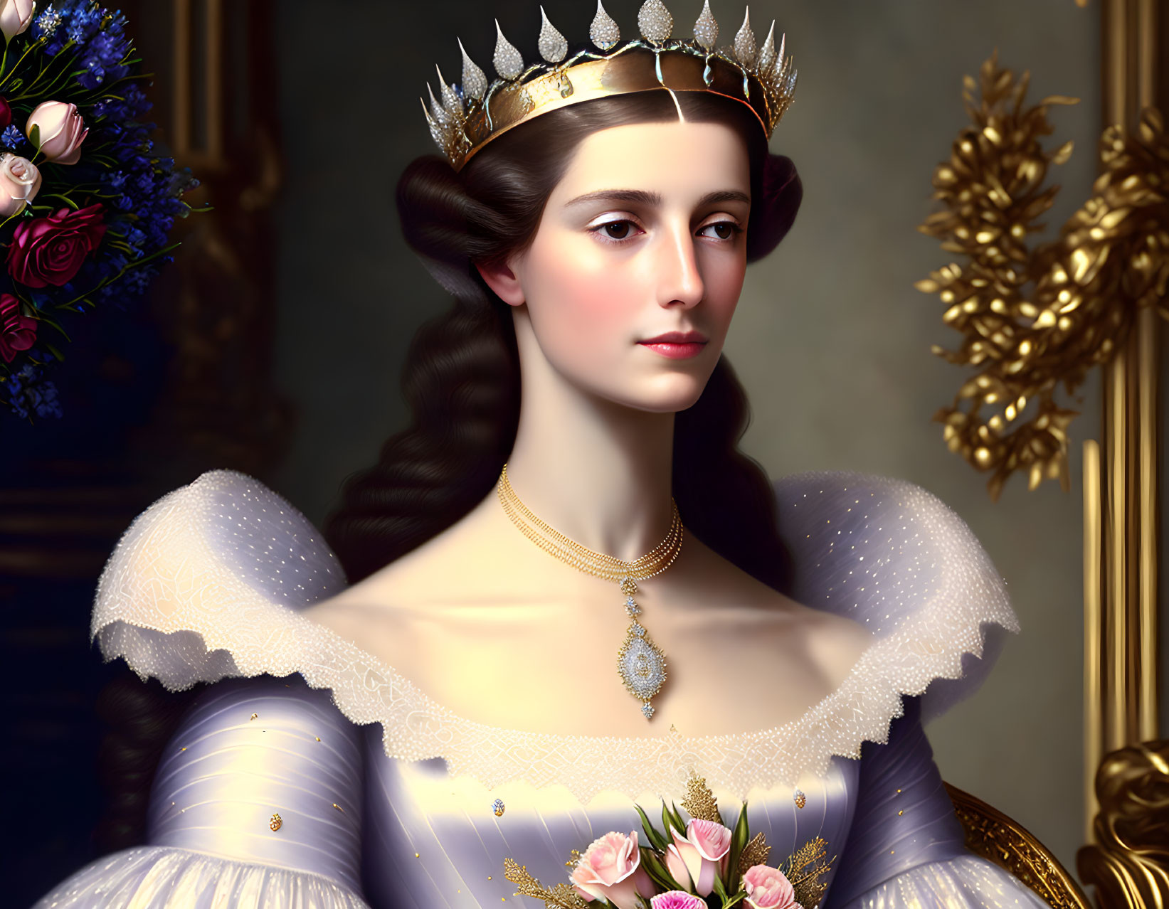 Anne queen of France in a crown with diamonds, blo