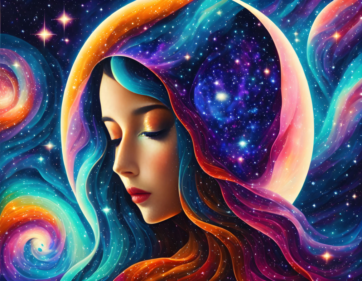 Colorful woman illustration with cosmic hair flowing into galaxy, stars, and crescent moon