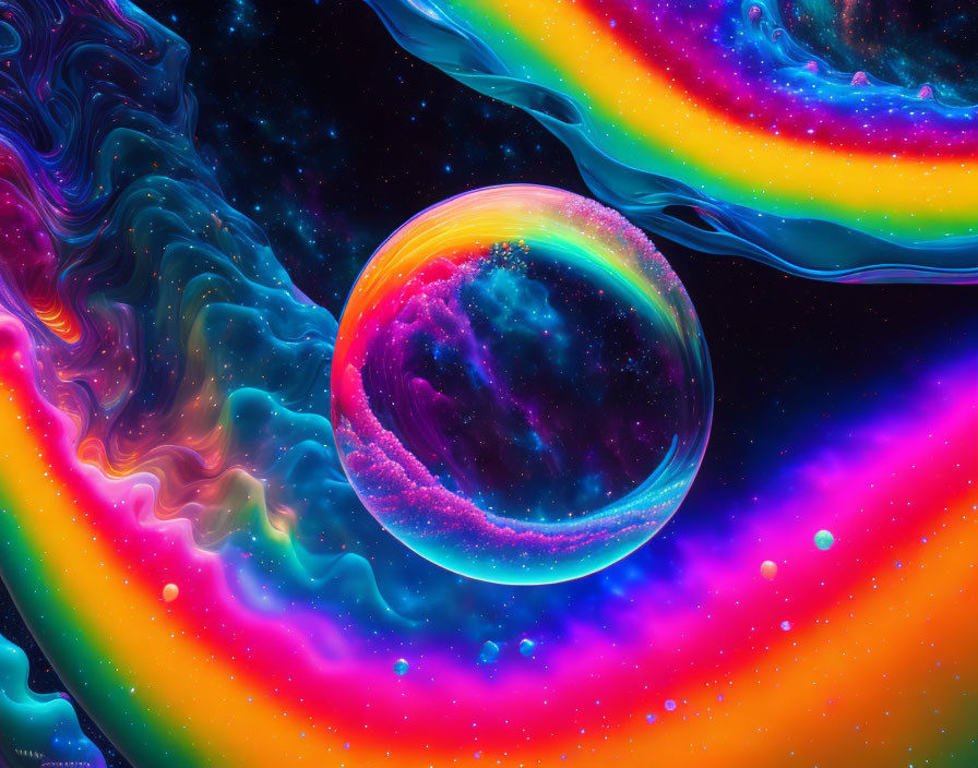 Colorful digital artwork: Bubble in cosmic space with swirling patterns