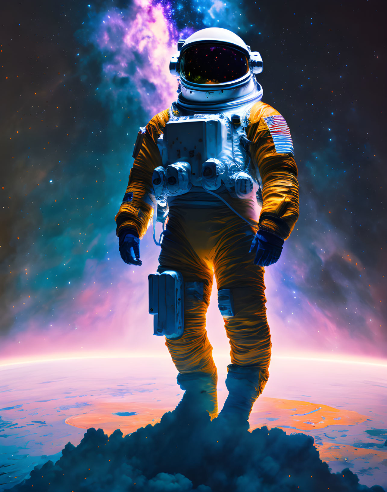 Astronaut in spacesuit on celestial body with vibrant nebula and stars