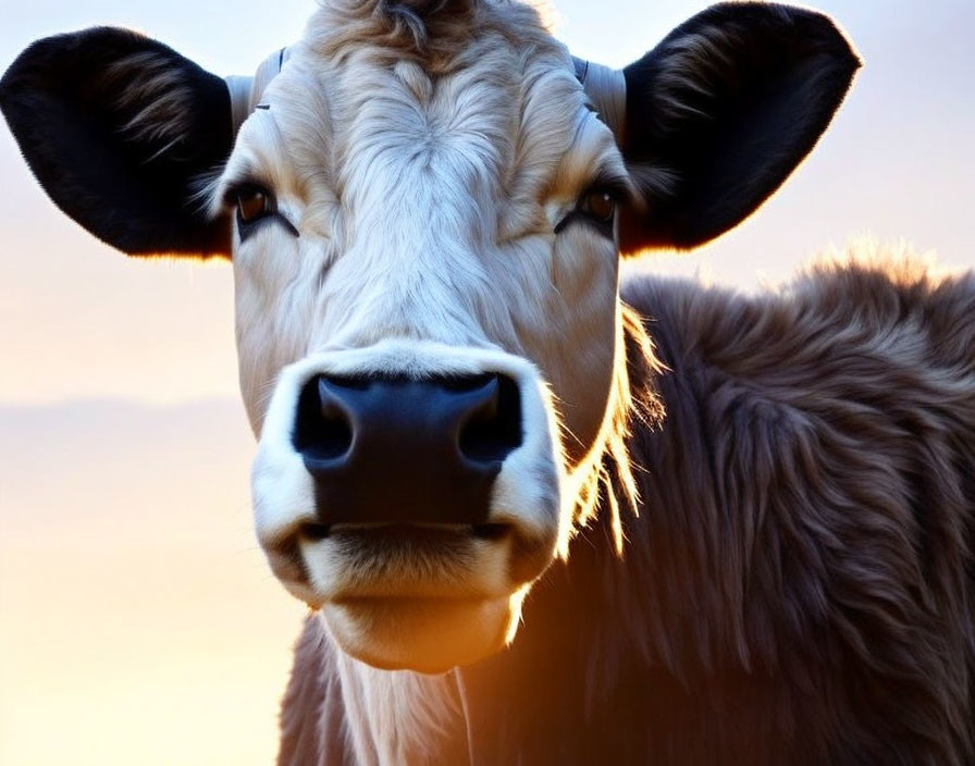Brown and White Cow Close-Up in Warm Sunset Light