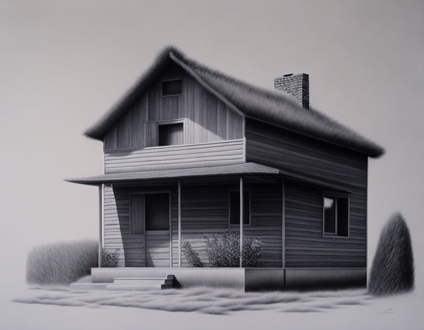 Detailed grayscale pencil drawing of a two-story house with chimney and bushes.