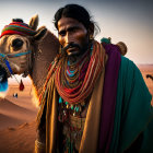 Traditional Attire Man with Camel in Desert at Sunset