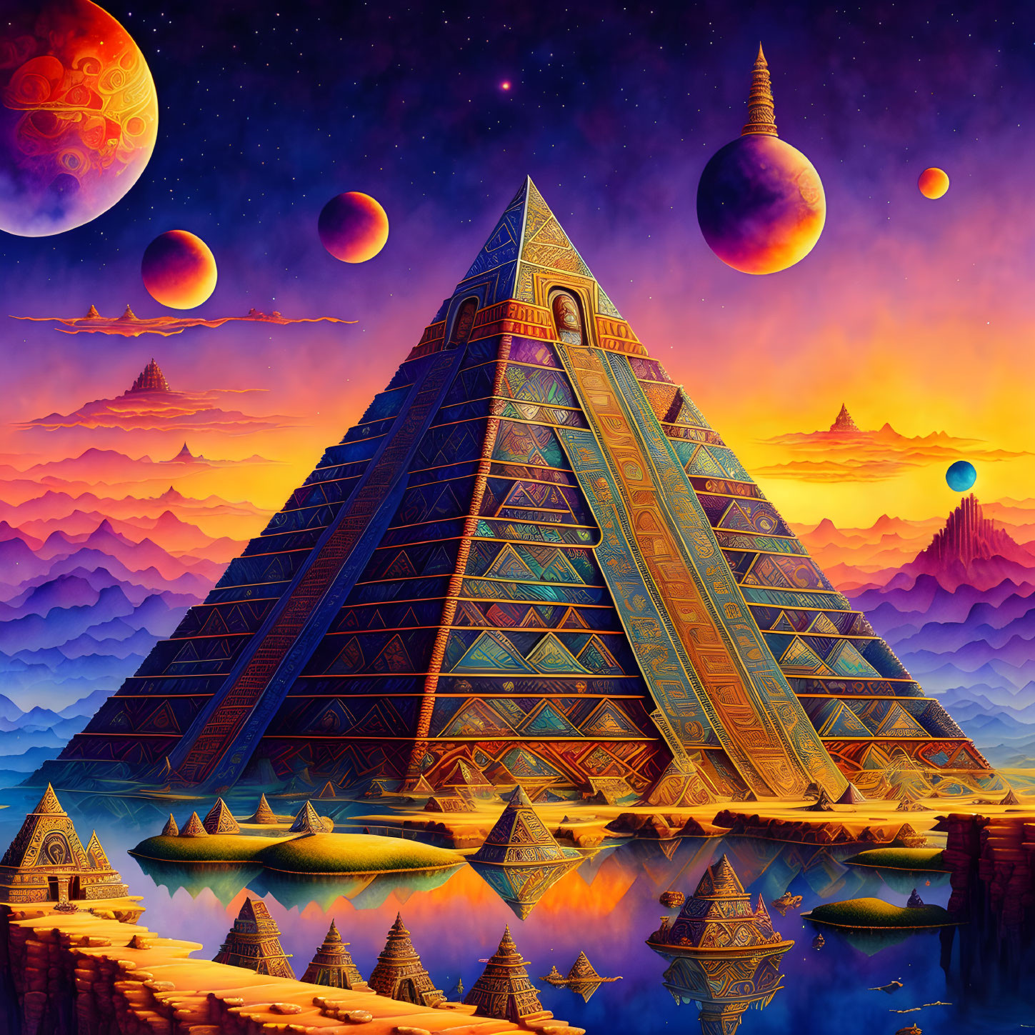 Colorful Fantasy Landscape with Pyramid and Floating Islands