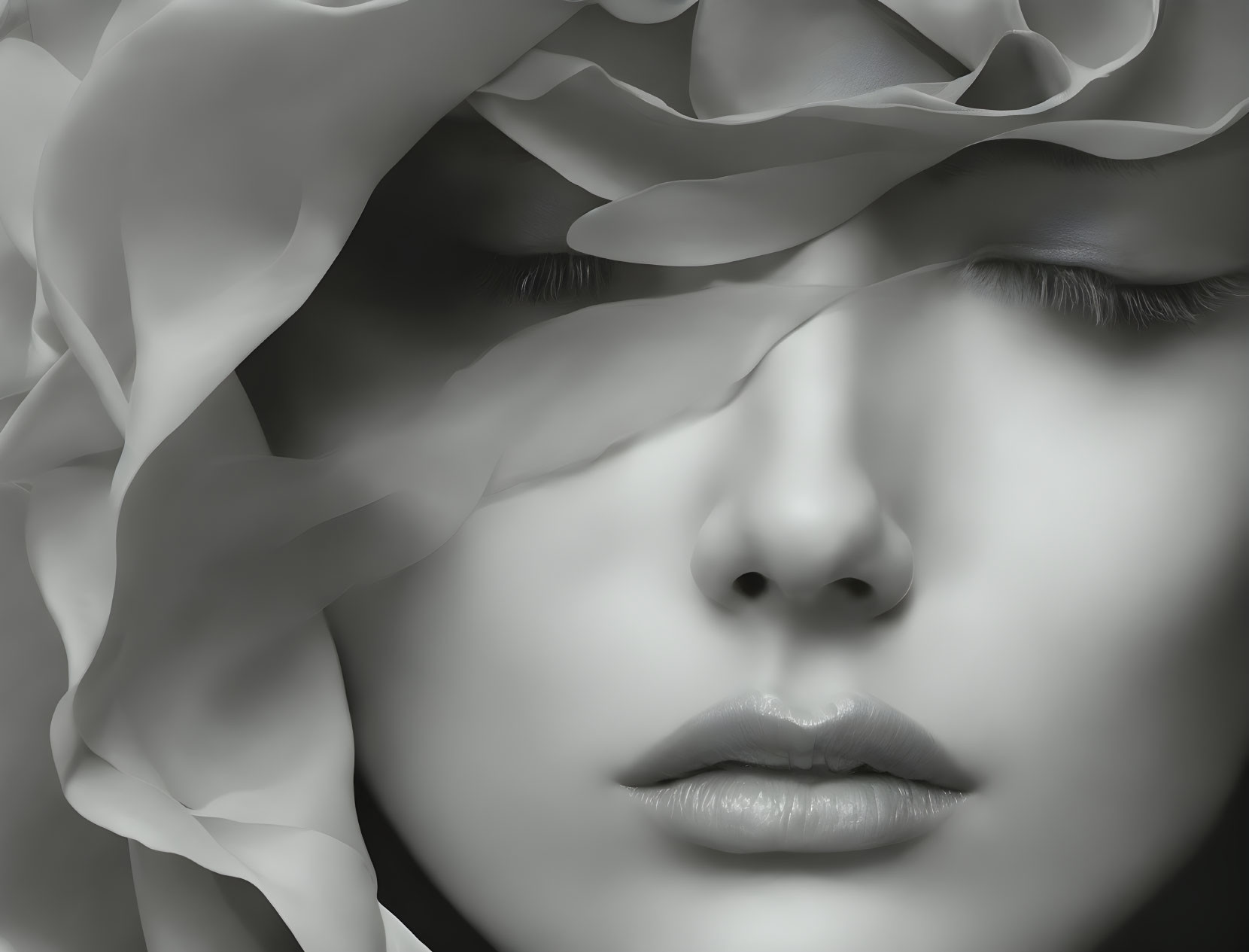 Person's face covered by flowing fabric, closed eyes and lips.