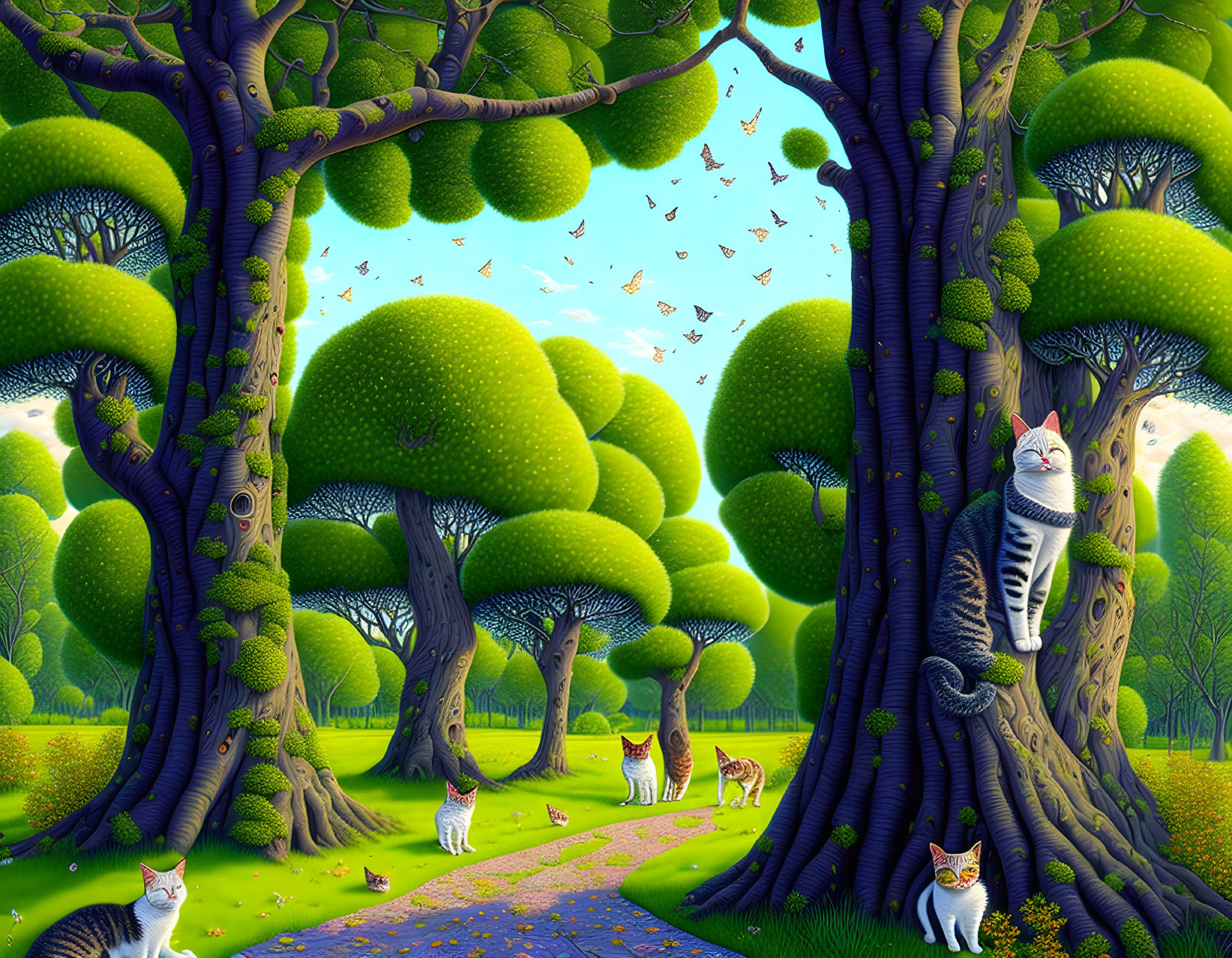 Colorful forest scene with broccoli-shaped trees, cats, and birds