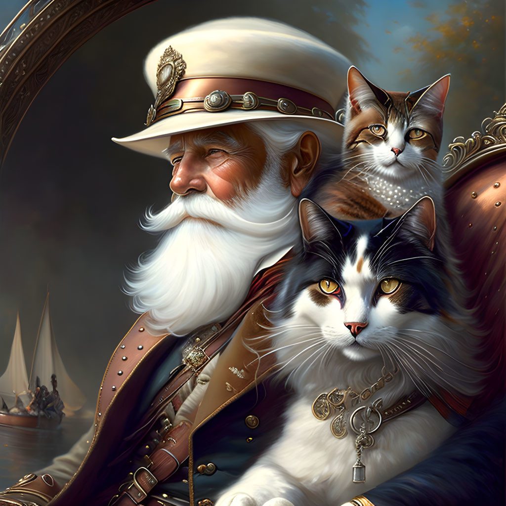 Elderly man with white beard, cats in aristocratic setting by river