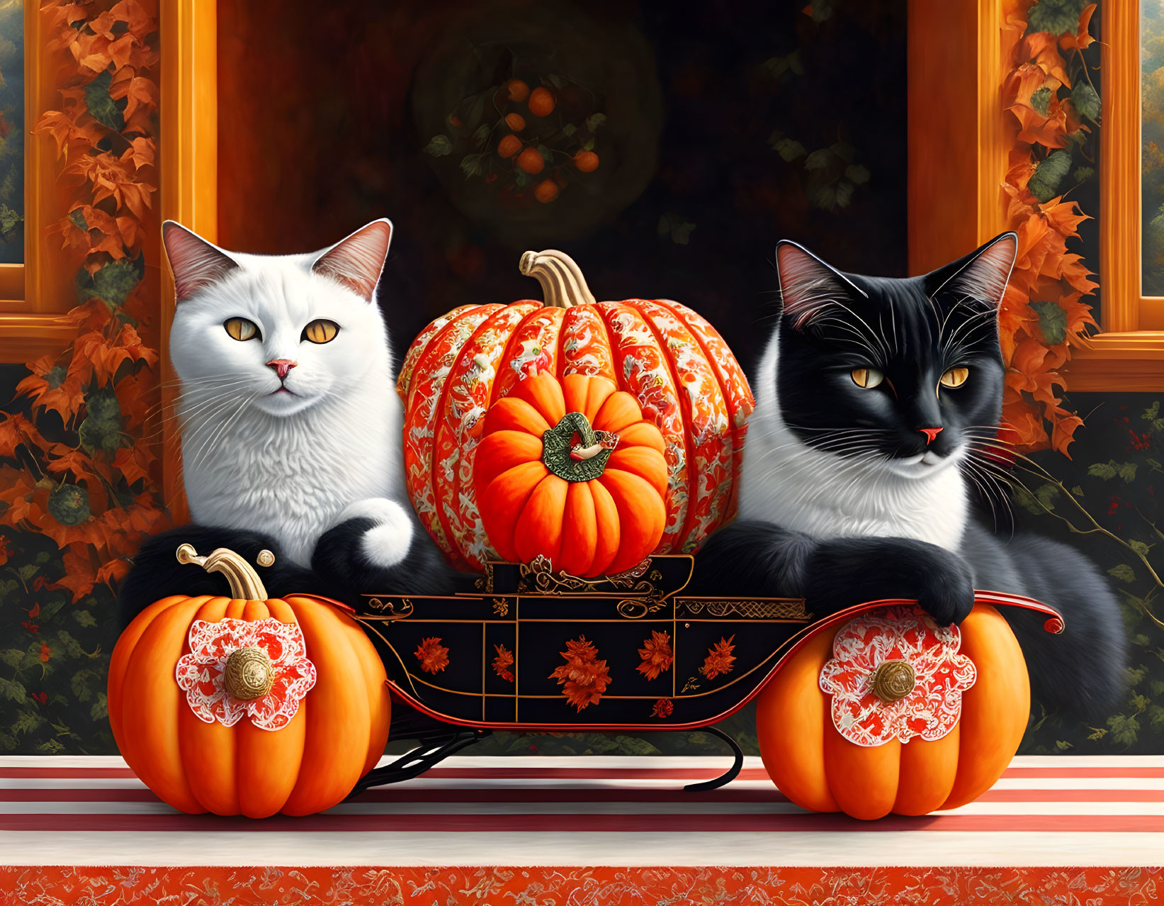 Red black white paper cut cats driving a pumpkin c