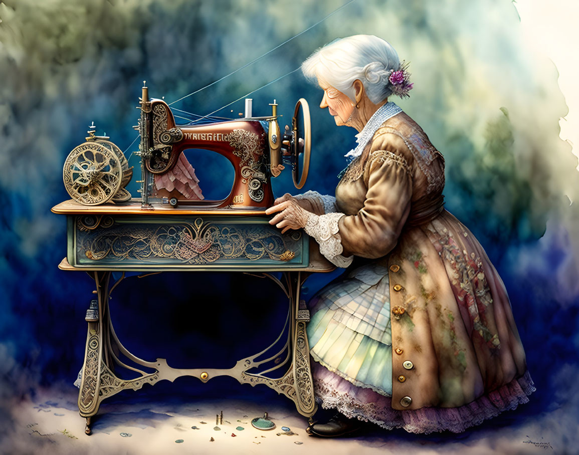 Old woman driving sewing machine