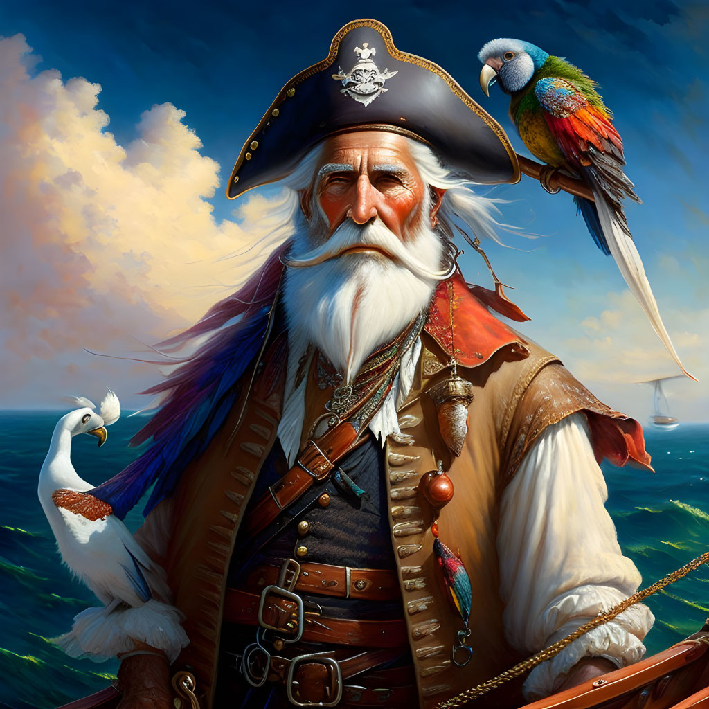 Elderly Bearded Pirate with Parrot Seascape Illustration
