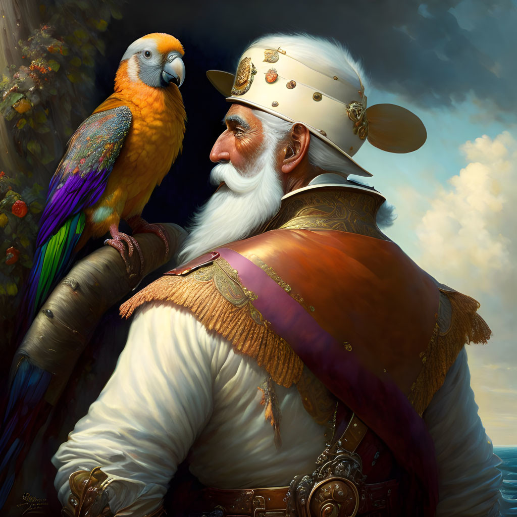 Old captain with a parrot on his shoulder a long w