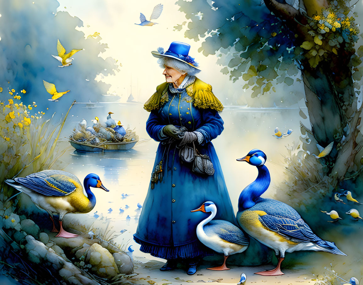 Victorian woman in blue dress by serene pond with ducks and birds