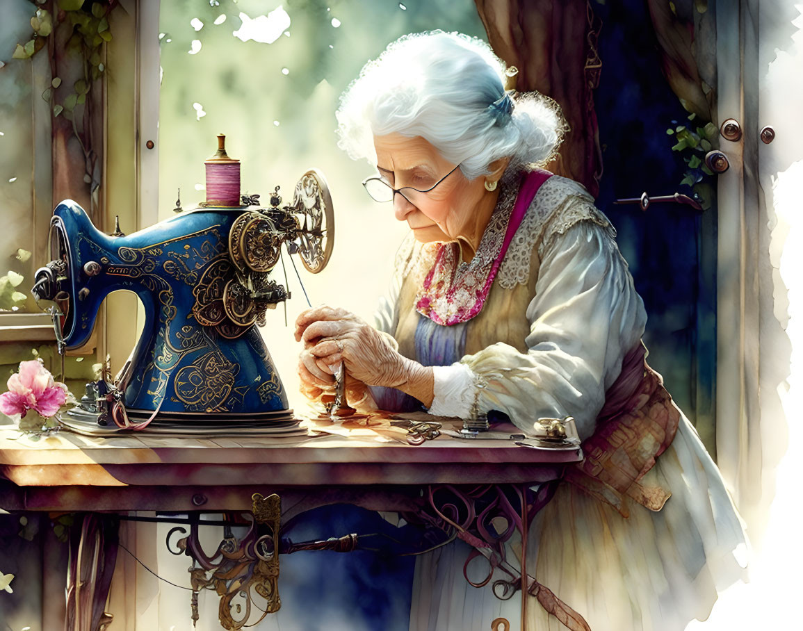 Elderly woman sewing with vintage blue sewing machine by sunny window