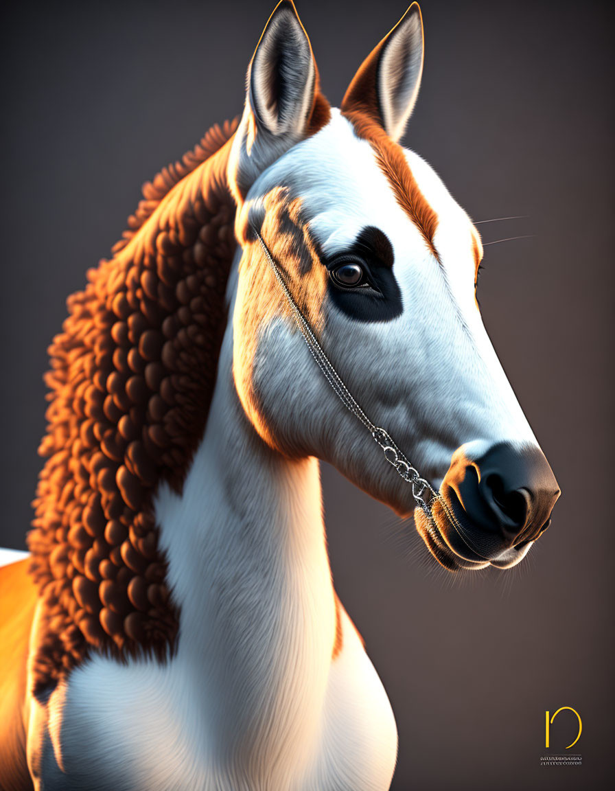 Detailed digital artwork: Horse with braided mane, realistic fur, chain bridle, gradient background.