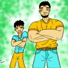 Two male animated characters in casual wear against green cloudy background