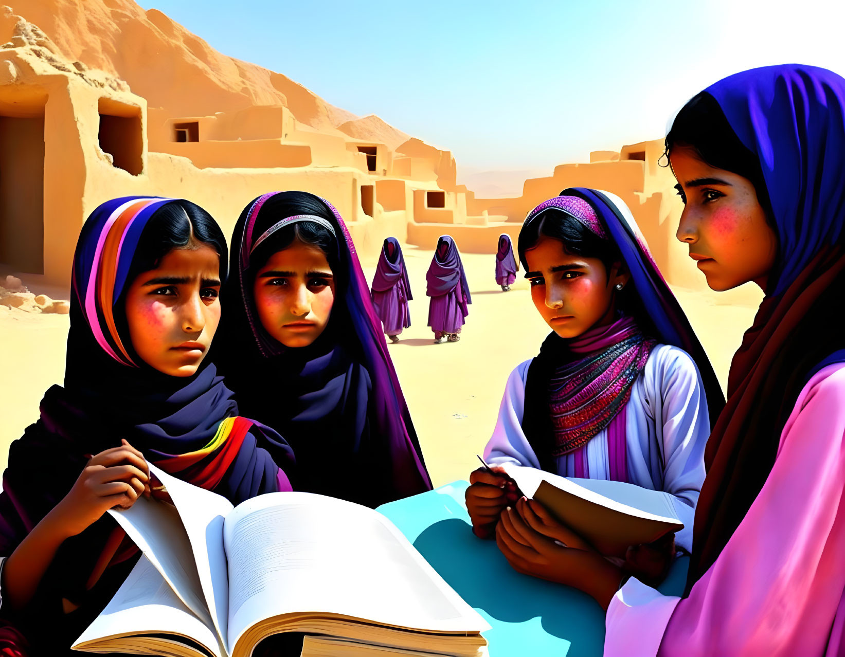 Four young girls in colorful scarves around open book in arid setting.