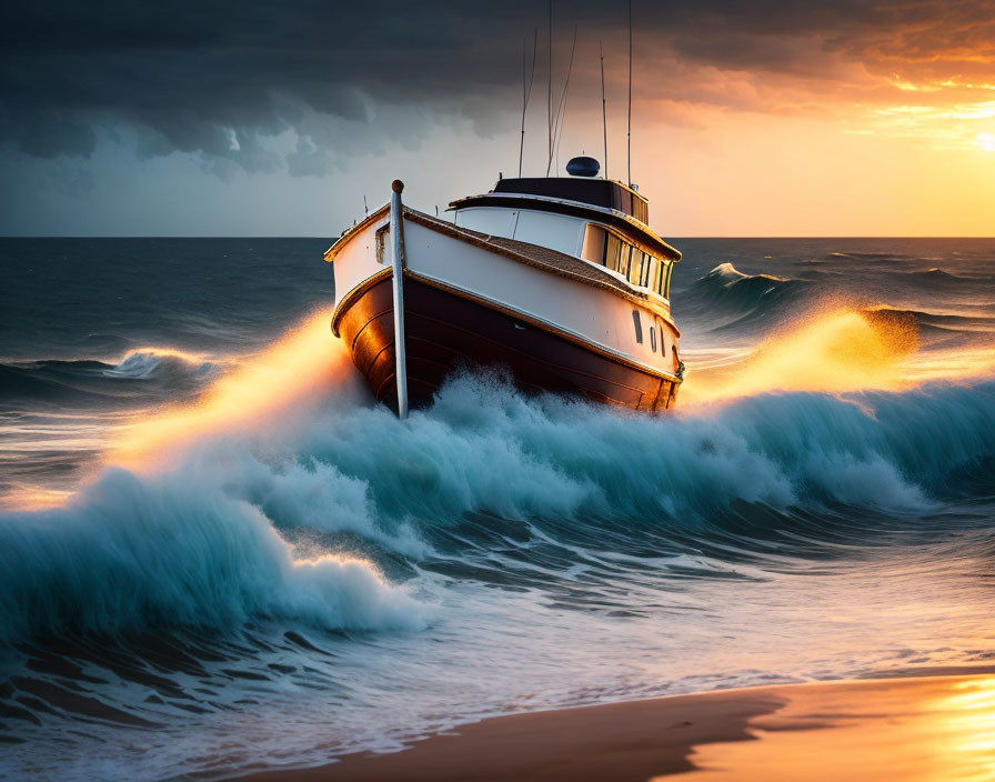 Boat stranded on shore with crashing waves at sunset